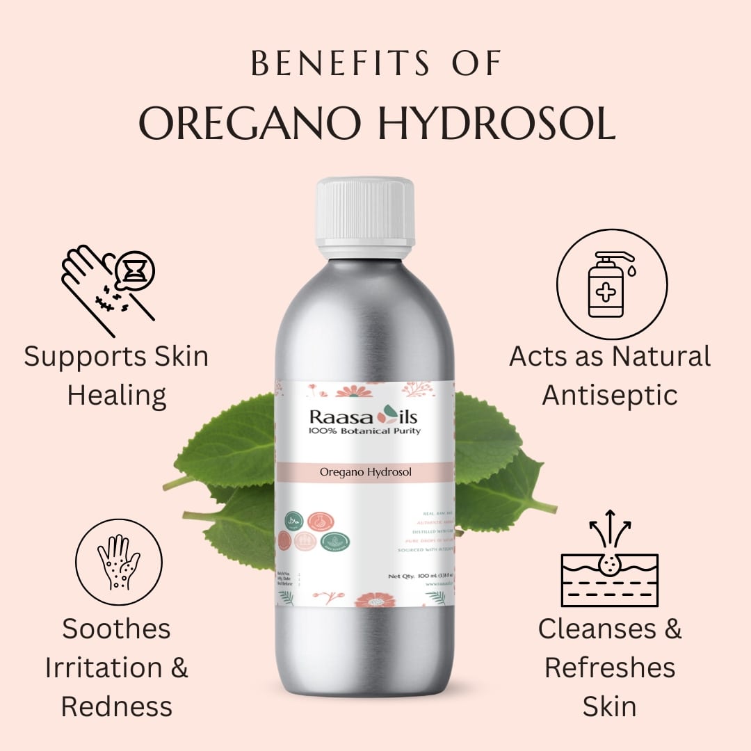 Bottle of Raasa Oregano Hydrosol with benefits listed on a pink background