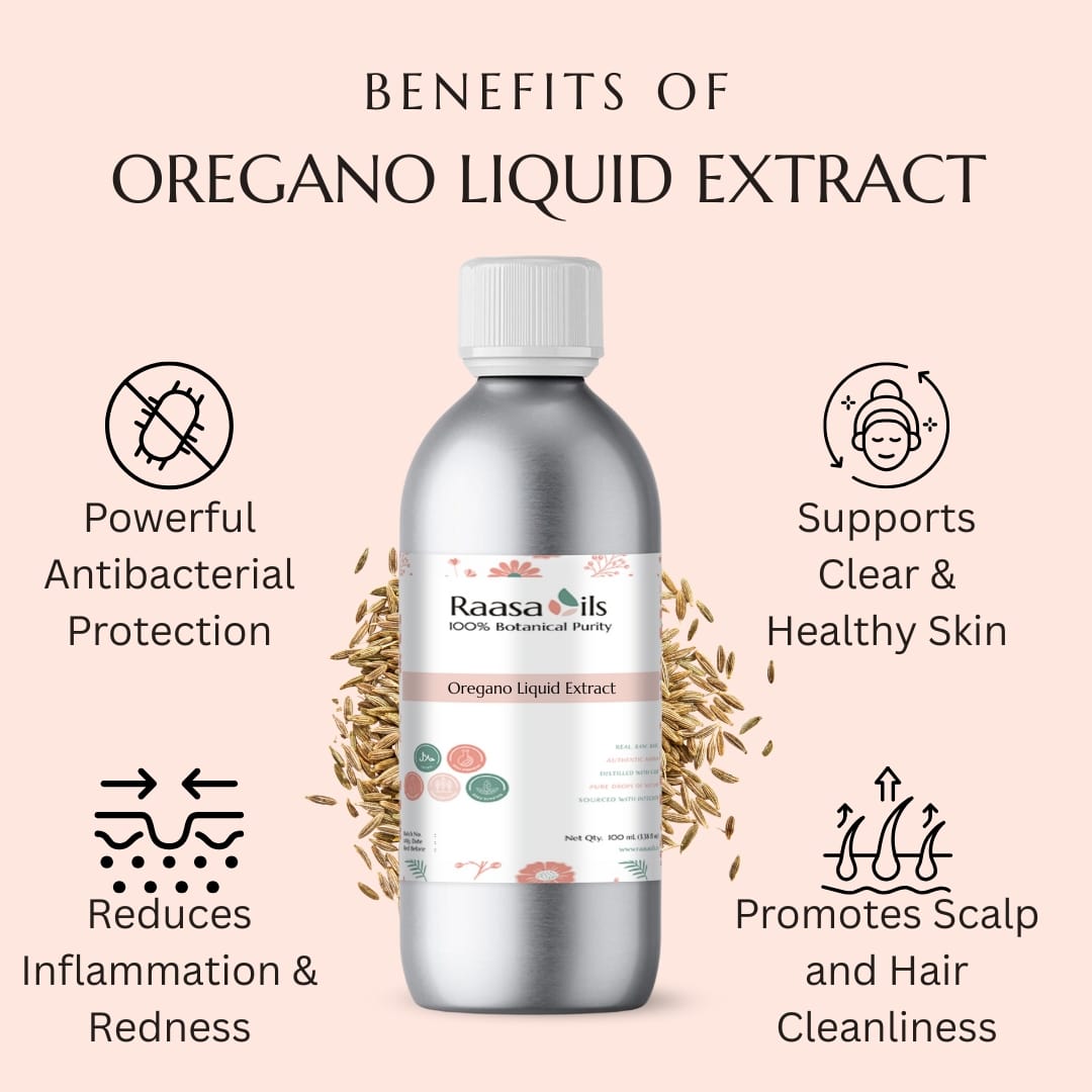 Oregano liquid extract bottle with benefits listed on a pink background