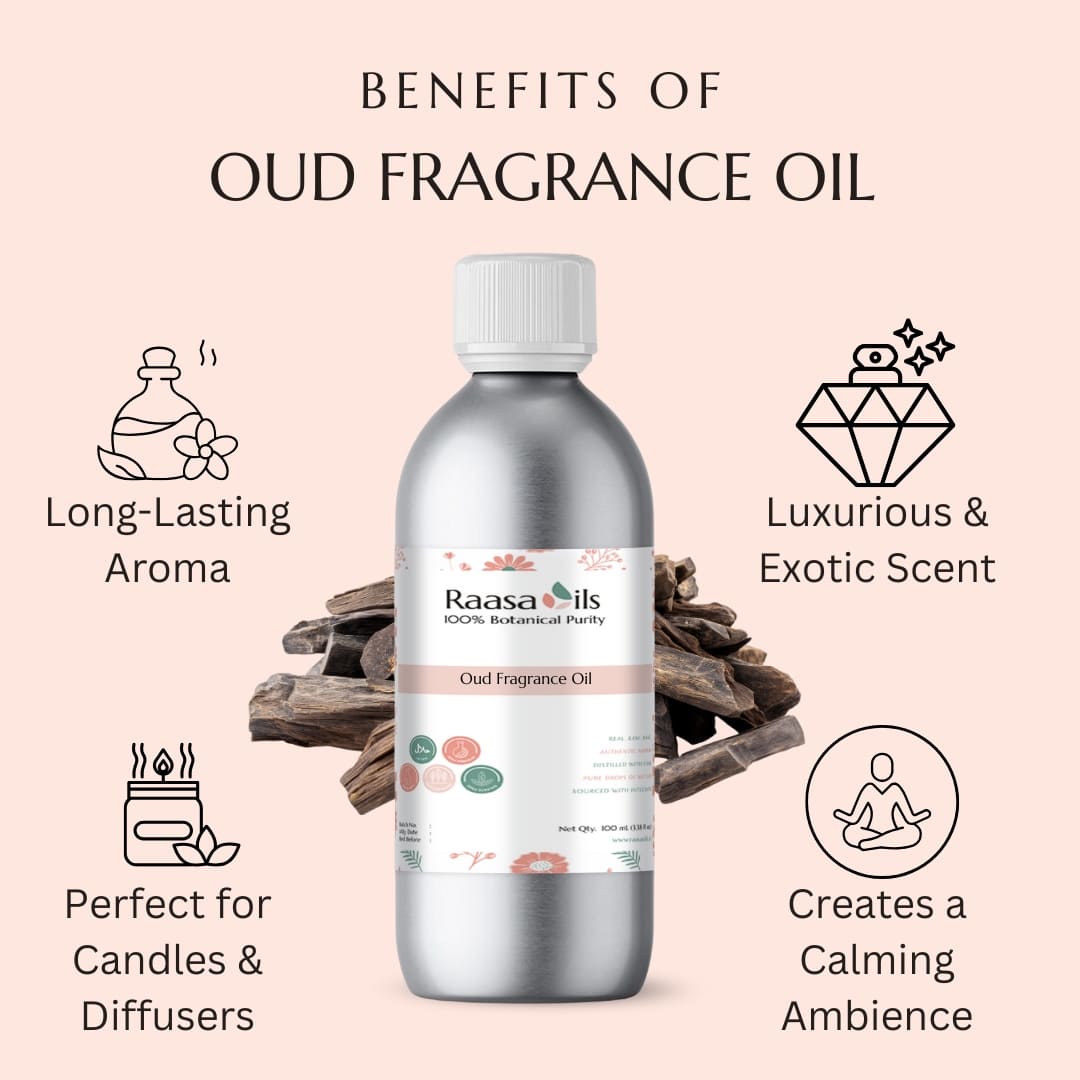 Oud fragrance oil bottle with benefits listed on a pink background