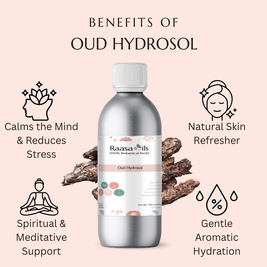 Bottle of Oud Hydrosol with benefits listed on a pink background