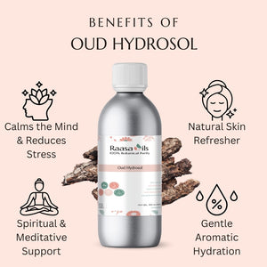 Bottle of Oud Hydrosol with benefits listed on a pink background