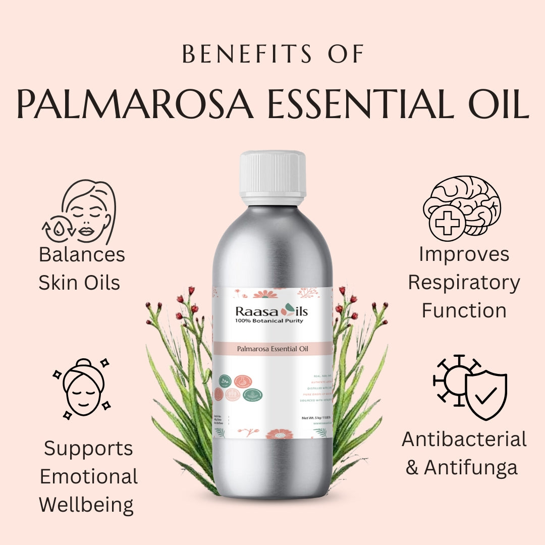 Bottle of Raasa Oils Palmarosa Essential Oil with benefits listed on a pink background