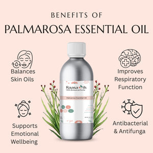 Bottle of Raasa Oils Palmarosa Essential Oil with benefits listed on a pink background