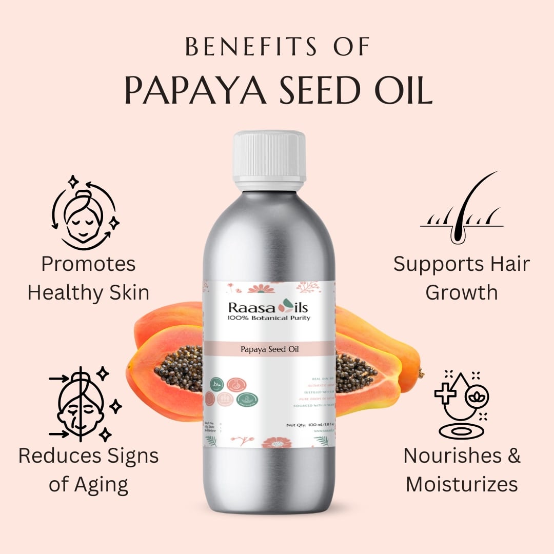 Bottle of Raasa Oils Papaya Seed Oil with benefits listed on a pink background