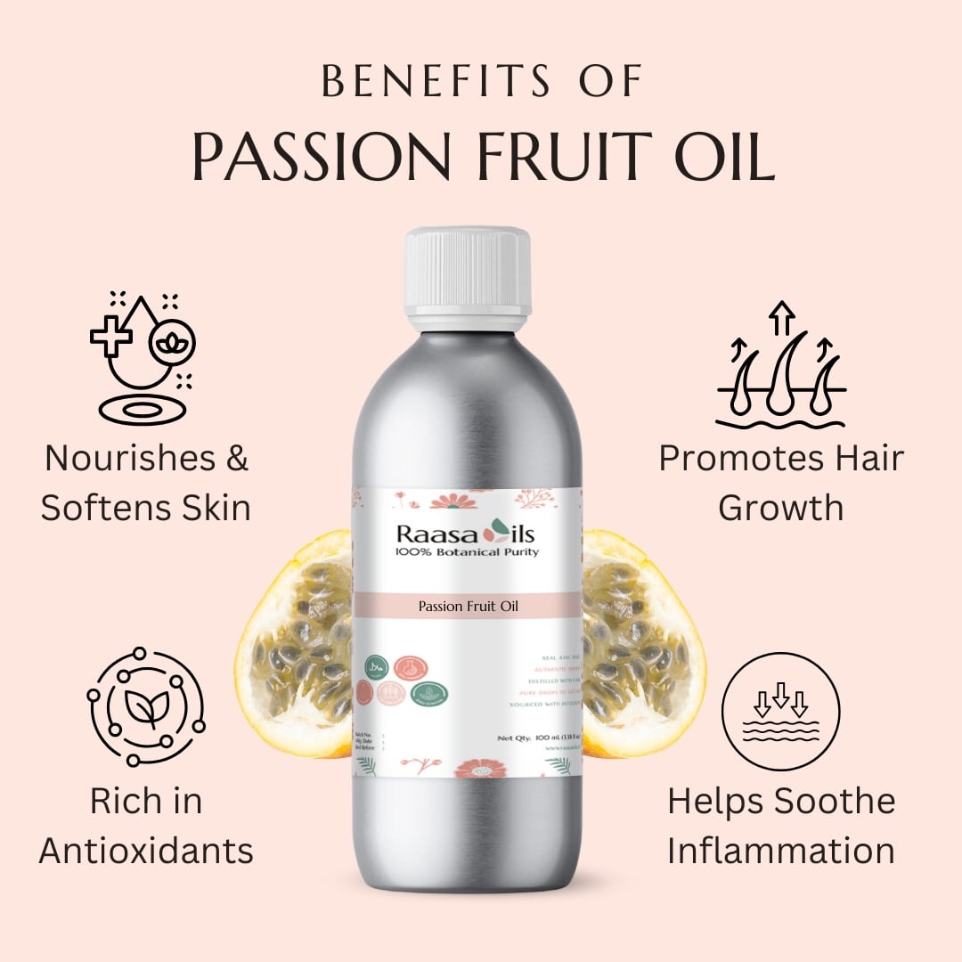 Bottle of Raasa Oils Passion Fruit Oil with benefits listed on a pink background