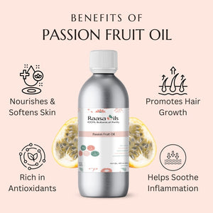 Bottle of Raasa Oils Passion Fruit Oil with benefits listed on a pink background