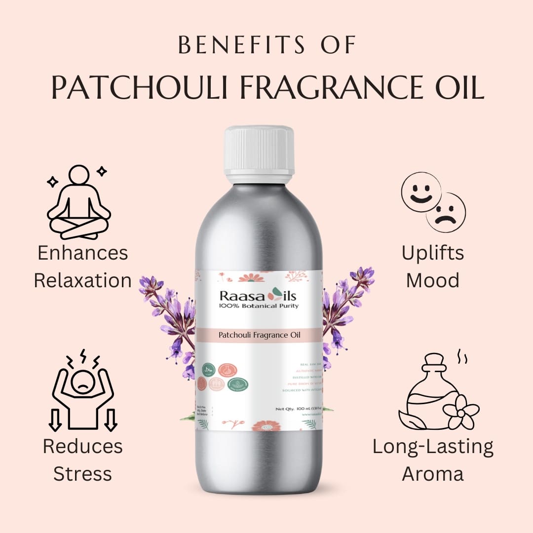 Raasa Oils patchouli fragrance oil bottle with benefits listed on a pink background