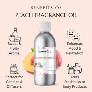 Raasa Oils peach fragrance oil bottle with benefits listed on a pink background