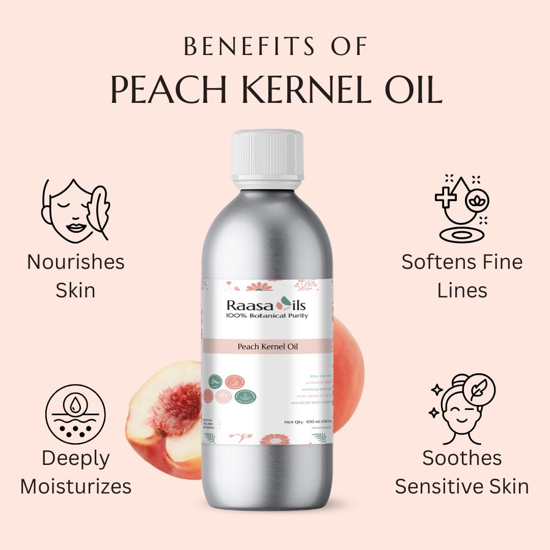 Bottle of Raasa Oils Peach Kernel Oil with benefits listed on a pink background
