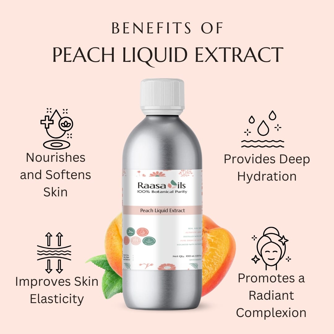 Bottle of Raasa Oils Peach Liquid Extract with benefits listed on a pink background