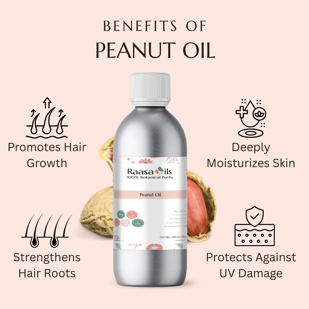 Bottle of Raasa Oils peanut oil with benefits listed on a pink background