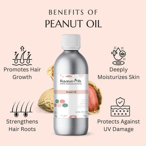 Bottle of Raasa Oils peanut oil with benefits listed on a pink background
