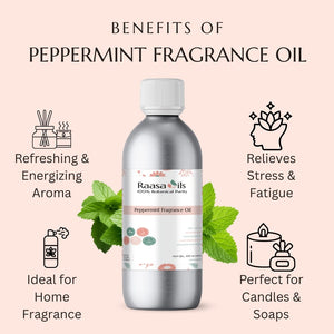 Raasa Oils peppermint fragrance oil bottle with benefits listed on a pink background