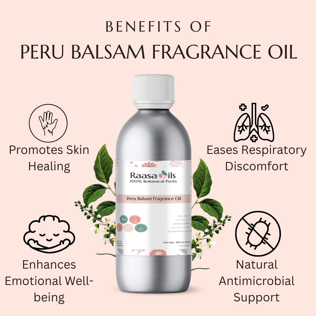 Bottle of Peru Balsam Fragrance Oil with benefits listed on a pink background