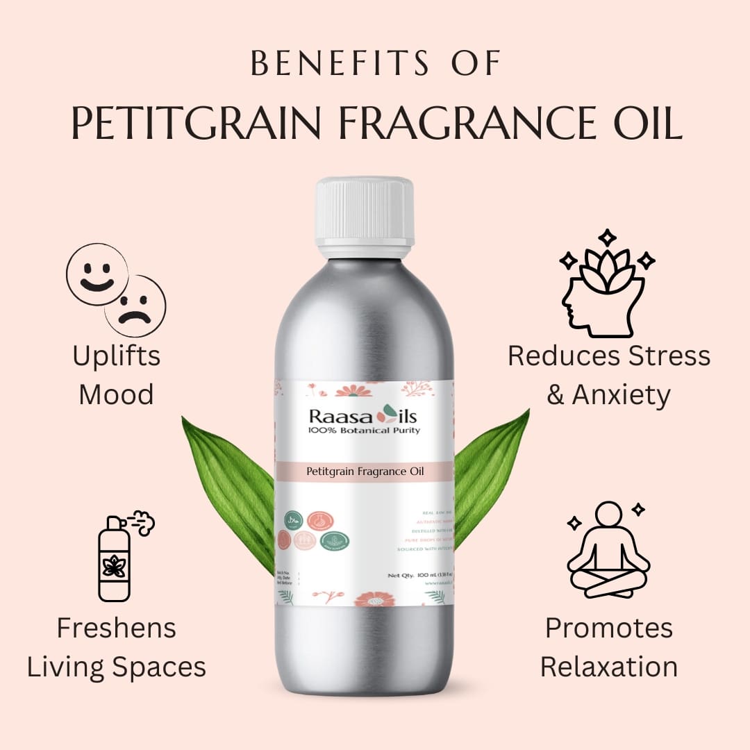 Raasa Oils petitgrain fragrance oil bottle with benefits listed on a pink background