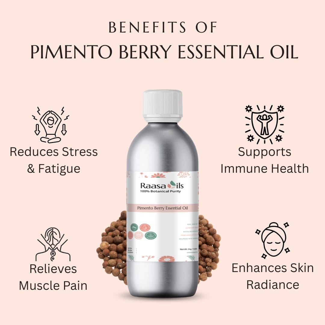 Pimento berry essential oil bottle with benefits listed on a pink background
