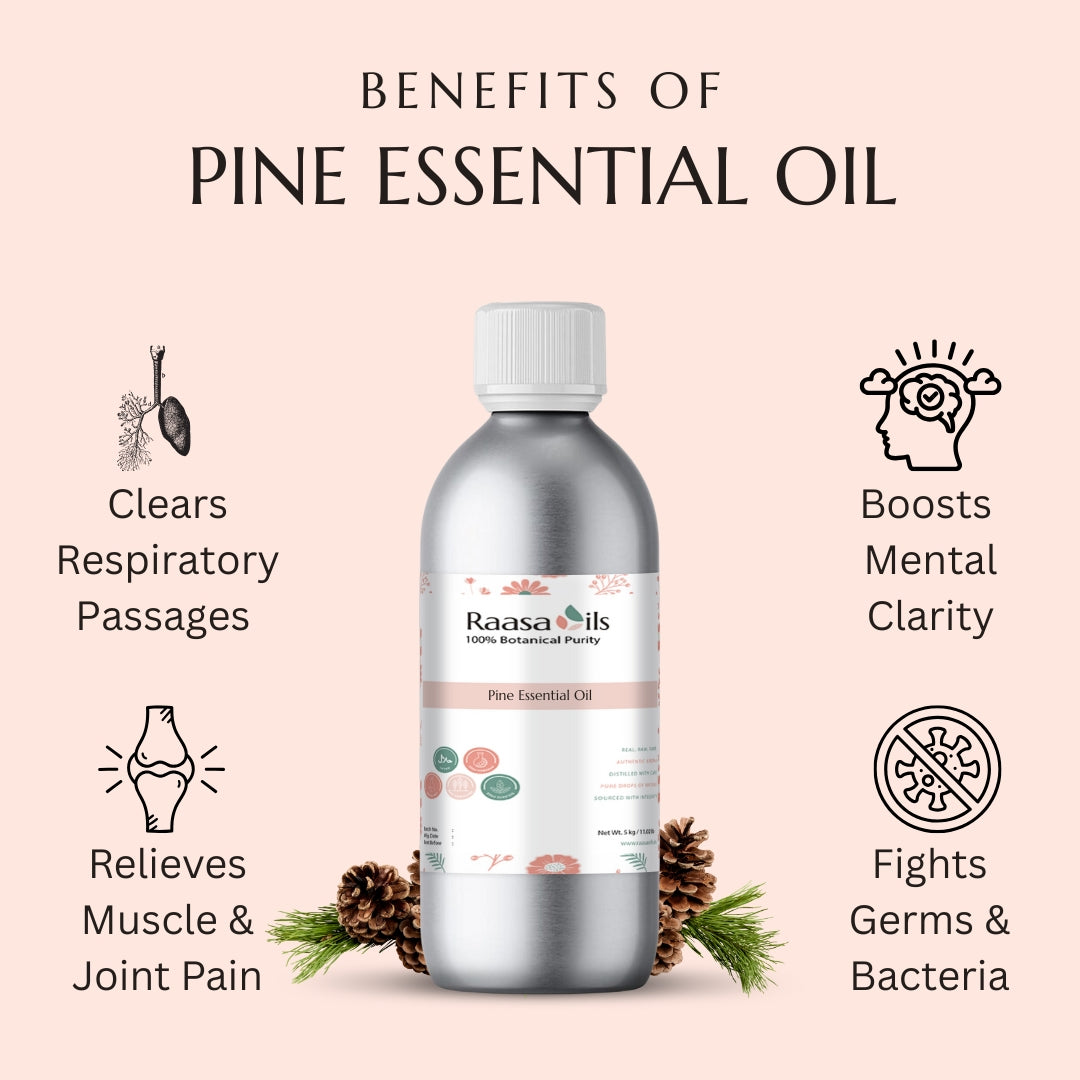 Bottle of Raasa Oils Pine Essential Oil with benefits listed on a pink background