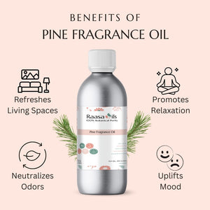 Bottle of Raasa Oils Pine Fragrance Oil with benefits listed on a pink background
