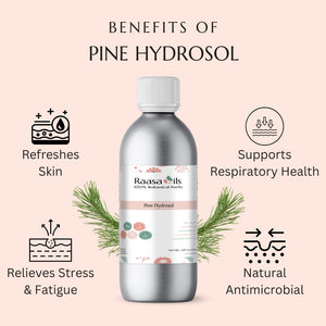 Bottle of Raasa Oils Pine Hydrosol with benefits listed on a pink background