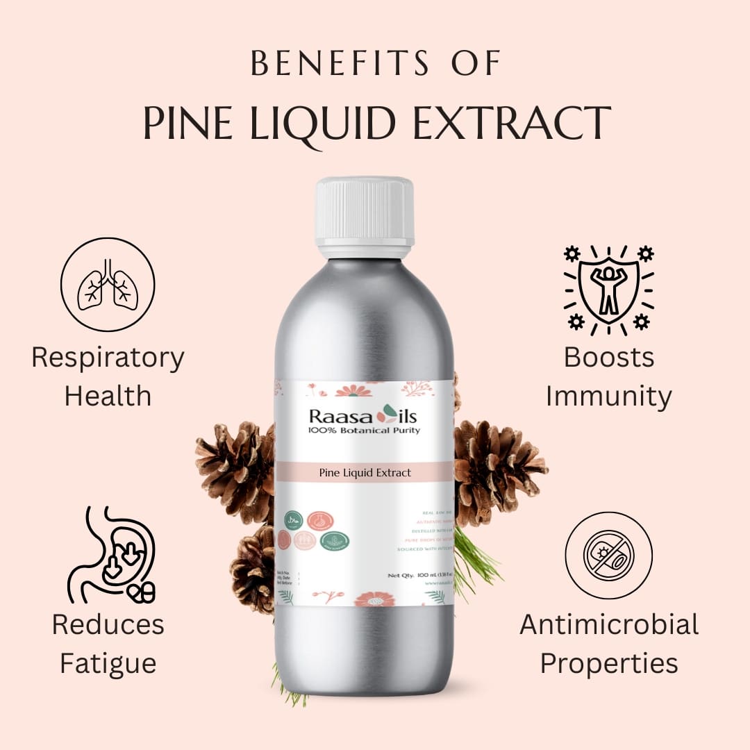 Raasa Oils Pine Liquid Extract bottle with benefits listed on a pink background