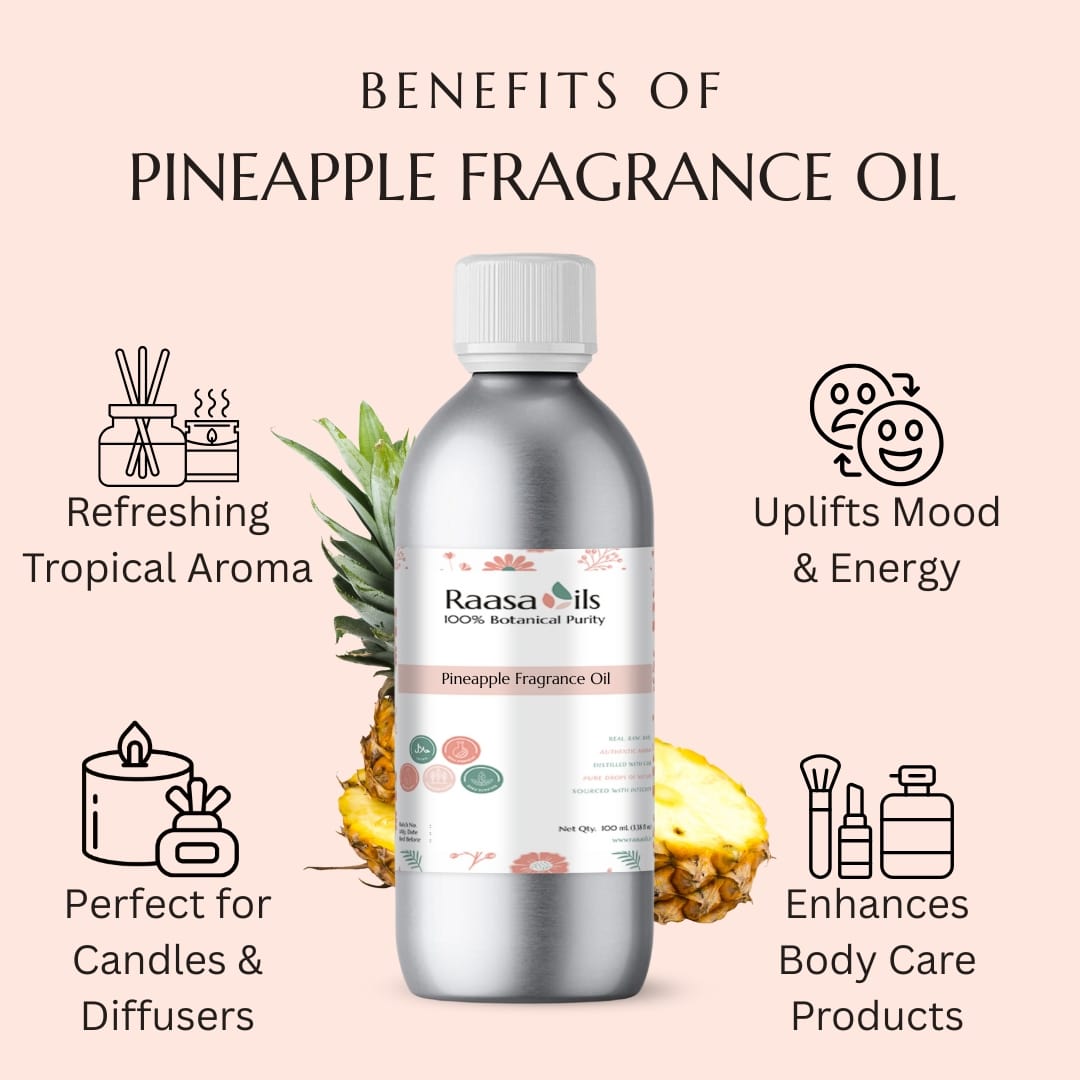 Bottle of Raasa Oils Pineapple Fragrance Oil with benefits listed on a pink background