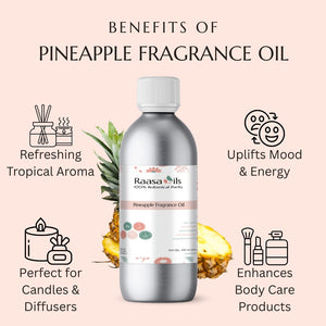 Bottle of Raasa Oils Pineapple Fragrance Oil with benefits listed on a pink background