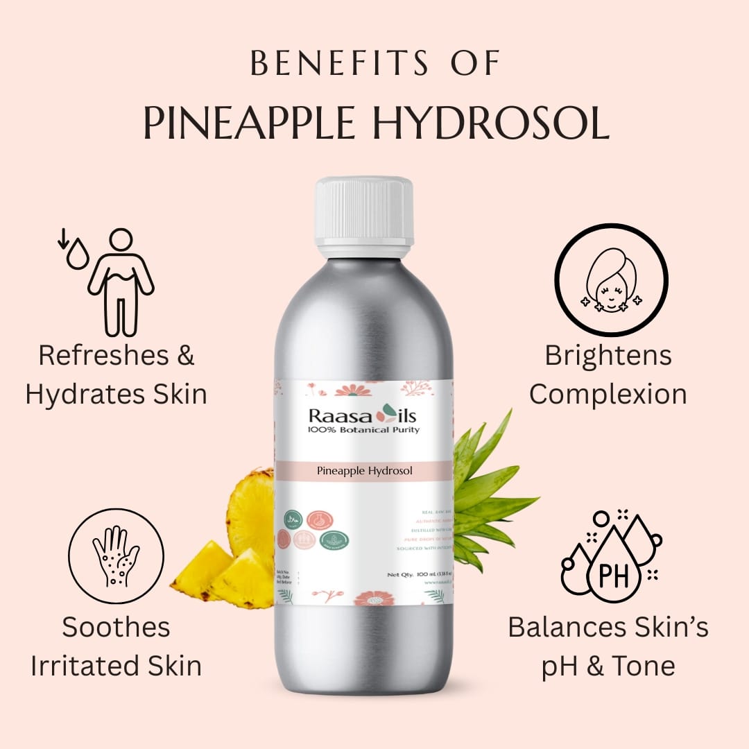 Bottle of Raasa Oils Pineapple Hydrosol with benefits listed on a pink background