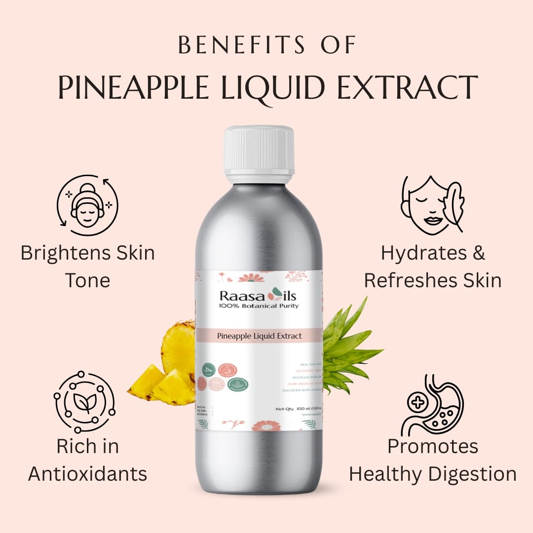 Bottle of Raasa Oils Pineapple Liquid Extract with benefits listed on a pink background