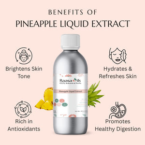 Bottle of Raasa Oils Pineapple Liquid Extract with benefits listed on a pink background