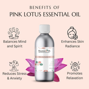 Pink Lotus essential oil bottle with benefits listed on a pink background