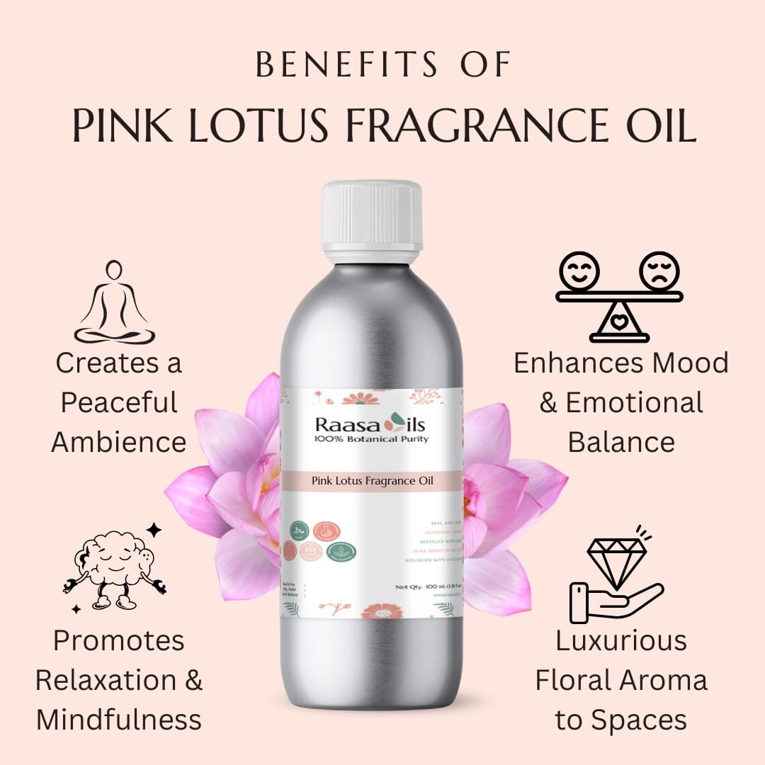 Pink lotus fragrance oil bottle with benefits listed on a light pink background