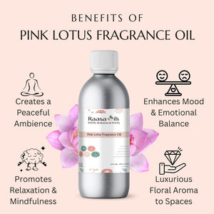 Pink lotus fragrance oil bottle with benefits listed on a light pink background