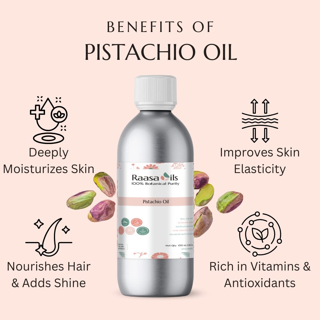 Bottle of Raasa Oils Pistachio Oil with benefits listed on a pink background