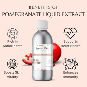 Pomegranate liquid extract bottle with benefits listed on a pink background