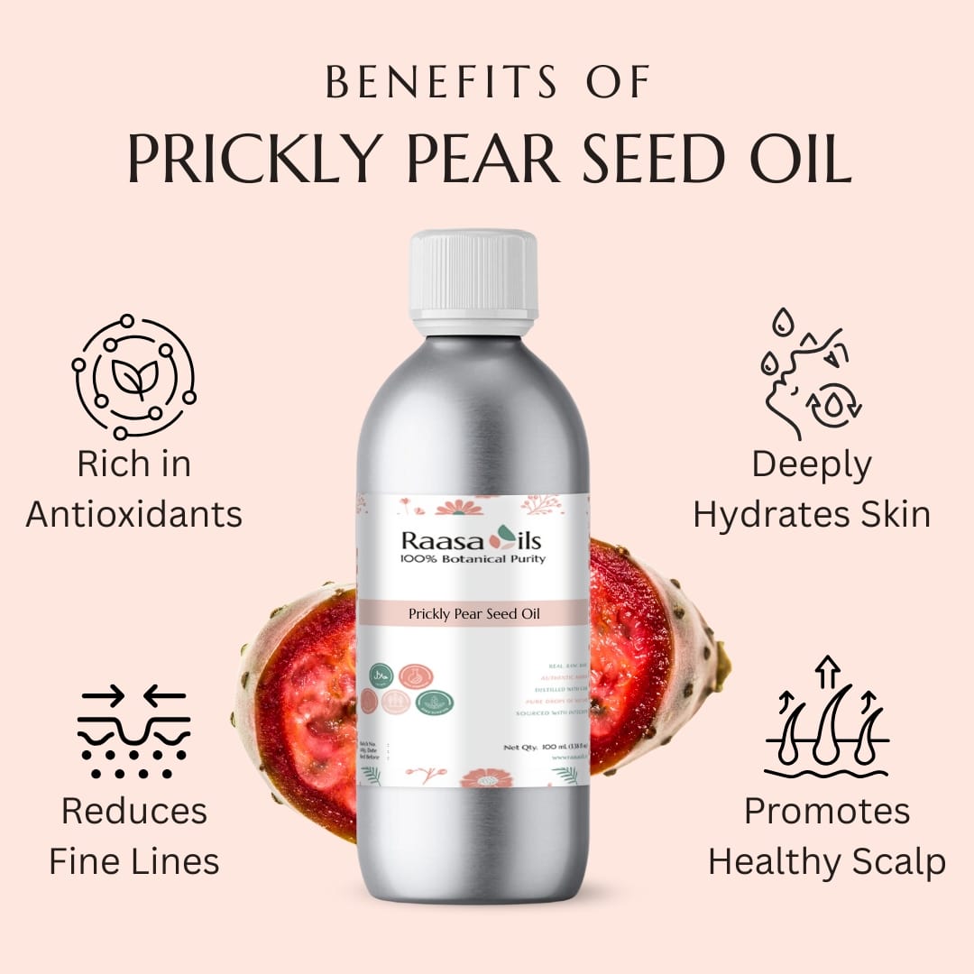 Bottle of prickly pear seed oil with benefits listed on a pink background
