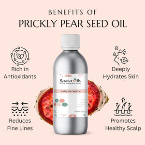Bottle of prickly pear seed oil with benefits listed on a pink background