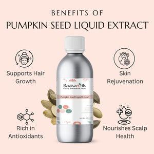 Raasa Oils pumpkin seed liquid extract bottle with benefits listed on a pink background
