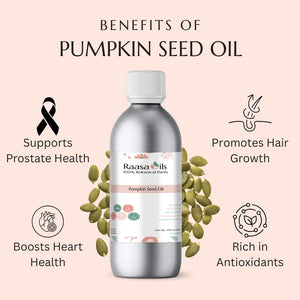 Bottle of Raasa Oils pumpkin seed oil with benefits listed on a pink background