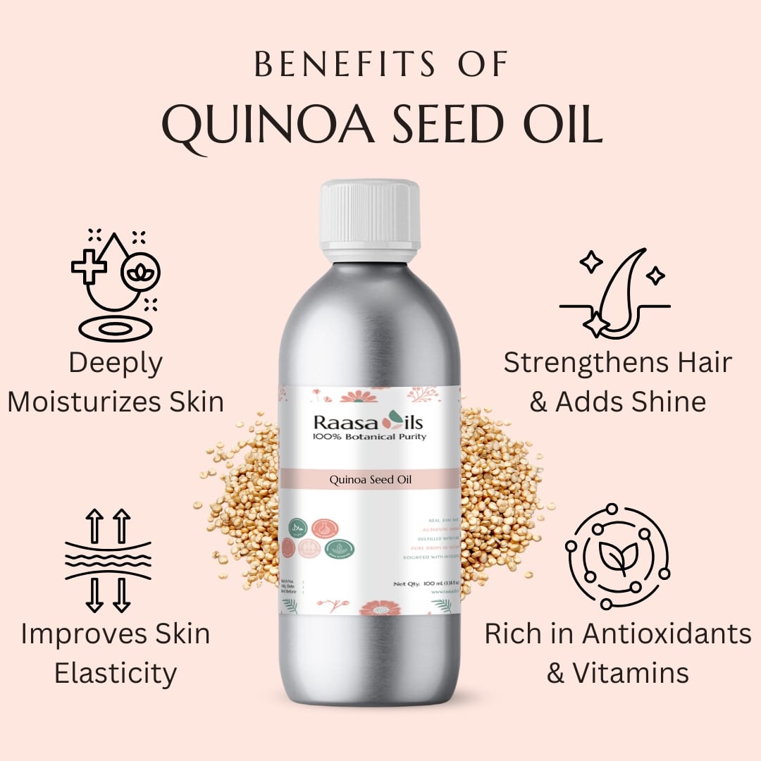 Bottle of Raasa Oils Quinoa Seed Oil with benefits listed on a pink background