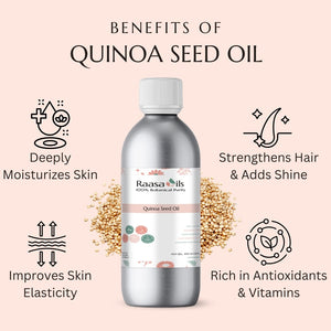 Bottle of Raasa Oils Quinoa Seed Oil with benefits listed on a pink background
