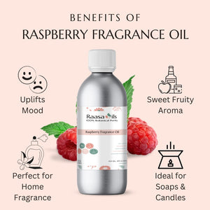 Raasa Oils Raspberry Fragrance Oil bottle with benefits listed on a pink background