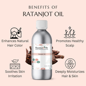 Bottle of Ratanjot Oil with benefits listed on a pink background