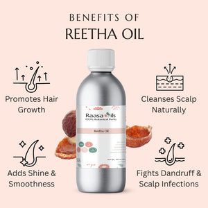 Bottle of Reetha oil with benefits listed on a pink background