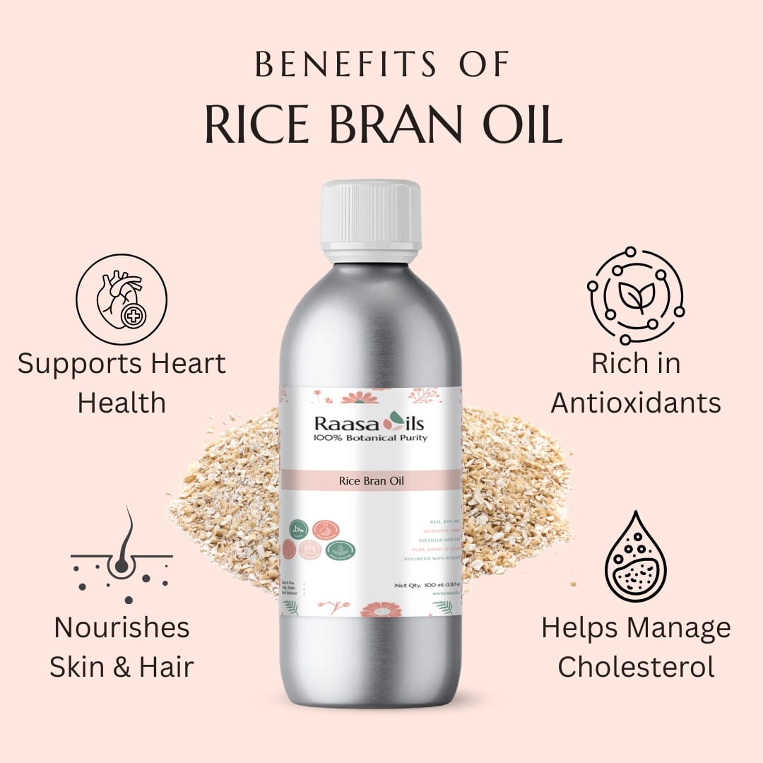 Bottle of Raasa Oils Rice Bran Oil with benefits listed on a pink background