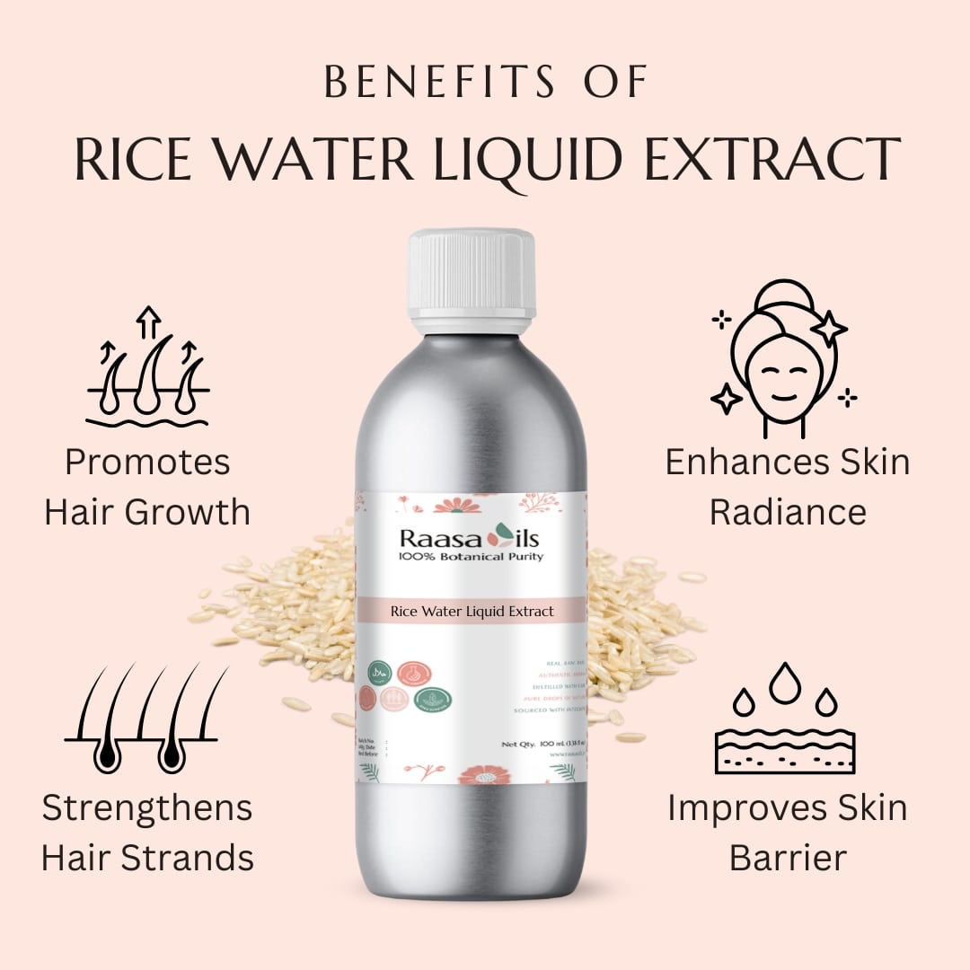 Raasa Oils Rice Water Liquid Extract bottle with benefits listed on a pink background
