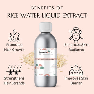 Raasa Oils Rice Water Liquid Extract bottle with benefits listed on a pink background