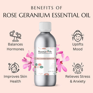 Rose Geranium essential oil bottle with benefits listed on a pink background