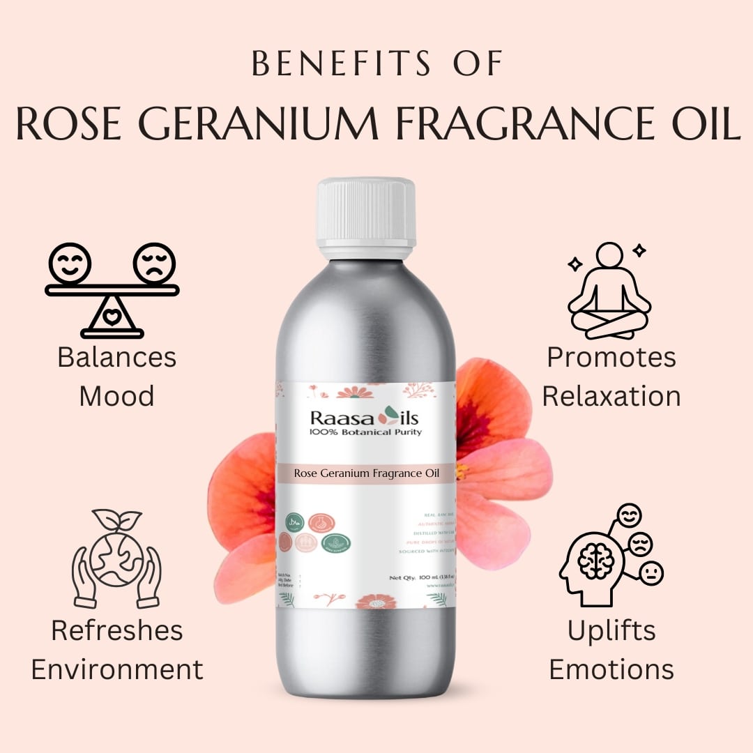 Rose Geranium fragrance oil bottle with benefits on a light pink background