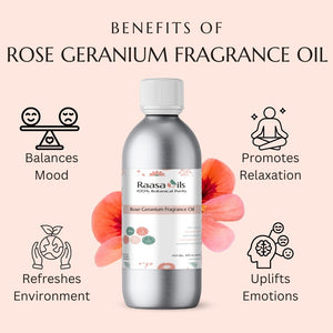 Rose Geranium fragrance oil bottle with benefits on a light pink background