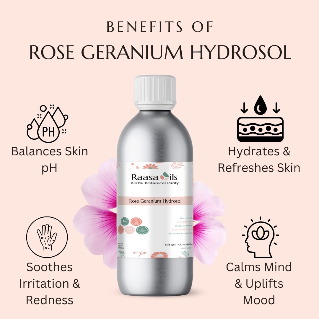 Rose Geranium Hydrosol bottle with benefits listed on a pink background